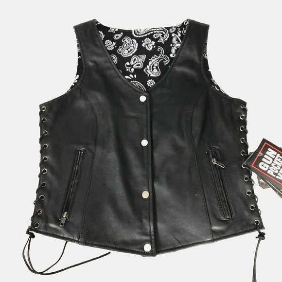 Unik Premium Women Sz M Black Leather Snap Front Vest Side Laces Paisley Liner - Picture 10 of 16